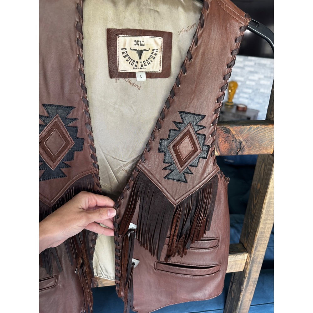 Vintage Bull Genuine Leather Western Fringe Vest Southwestern Whipstitch Mens L - Picture 3 of 15